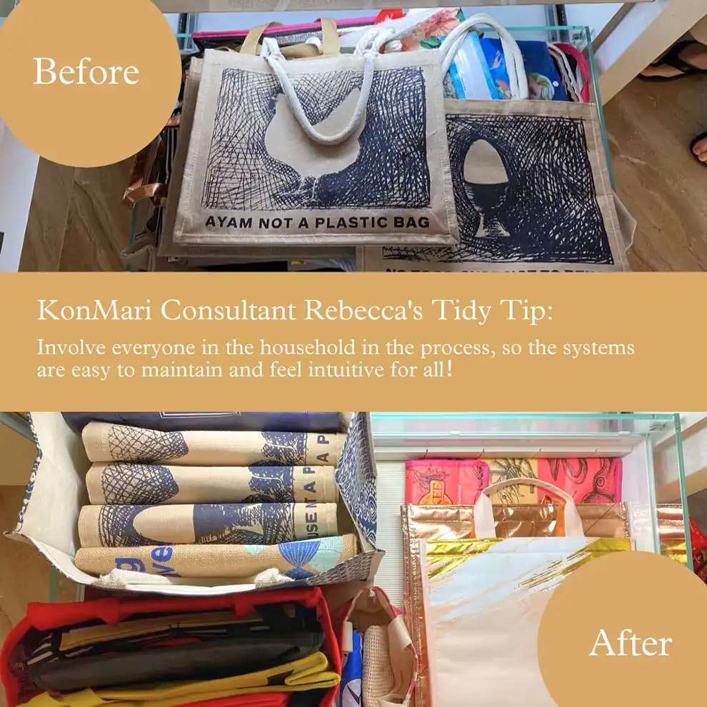 Antes y después del cajón de las bolsas de una cocina ordenada con el KonMari