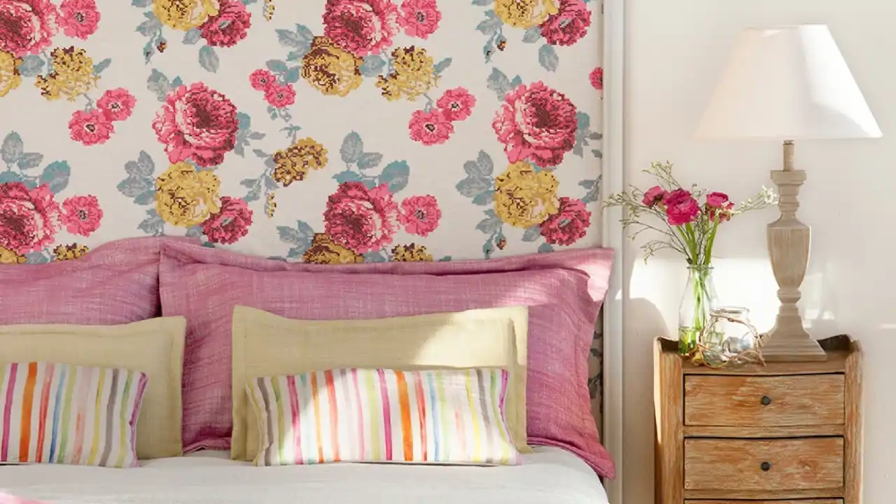 00425924 Dormitorio con cabecero alto con estampado de flores