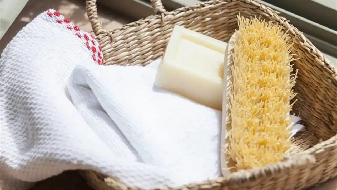 Cesto de mimbre con distintos productos para la limpieza  jabo´n, cepillo y trapos en tonos blancos