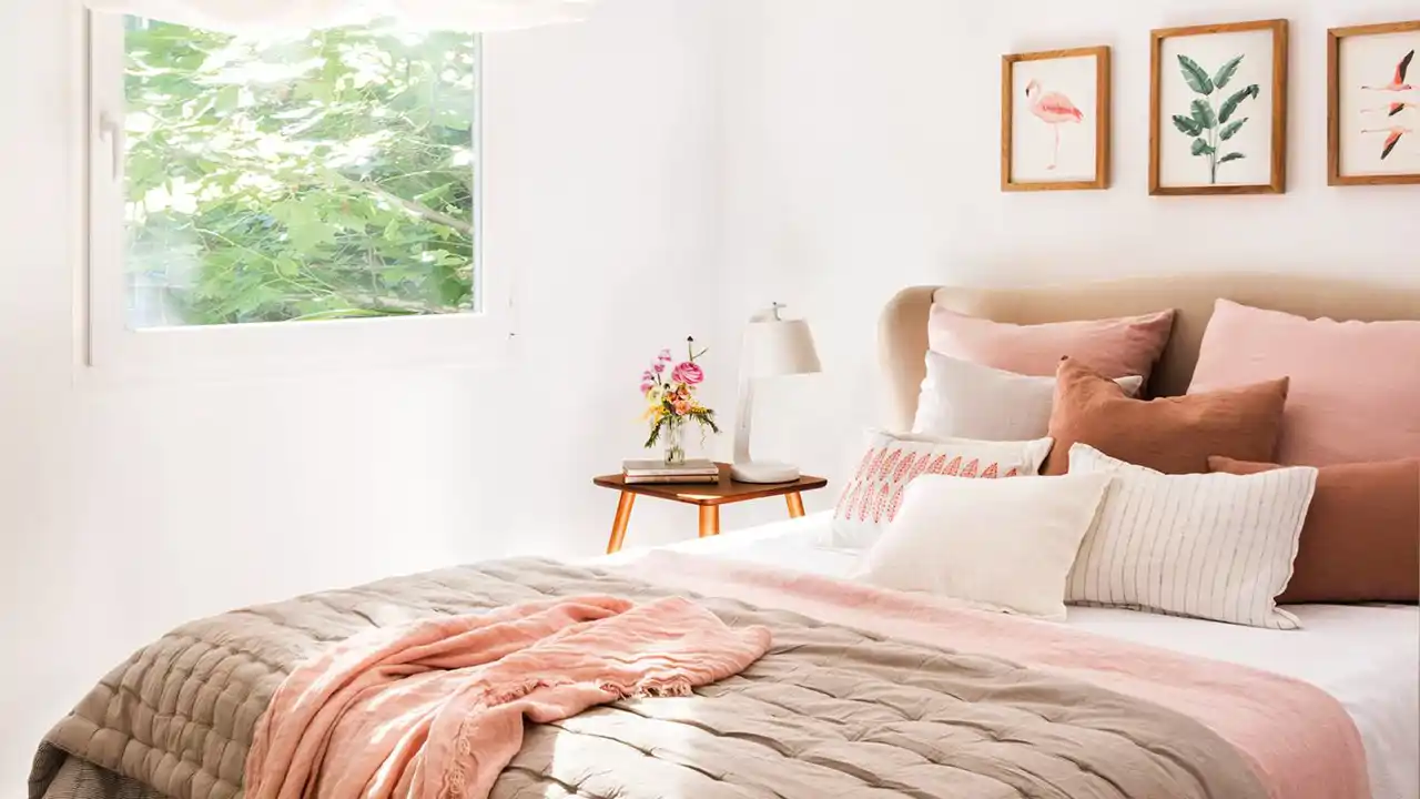 00481009 Dormitorio con cama acolchada y muy abrigada en tonos rosas