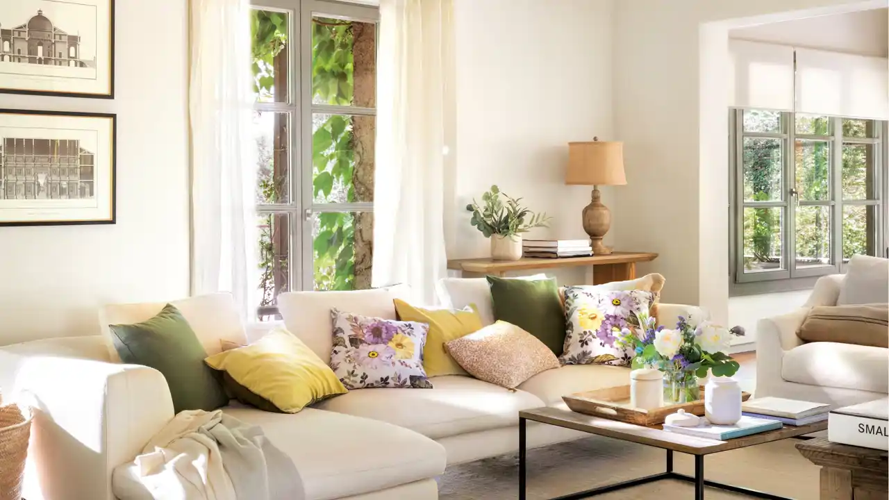 00579003 Sofá con chaiselongue y cojines con estampado floral